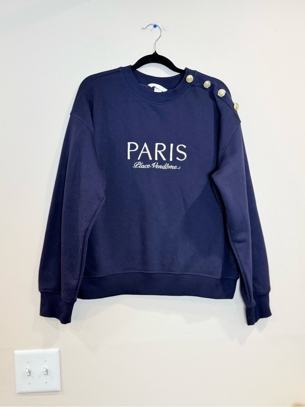 🔥H&M Paris Embroidered Navy Sweater with Decorative Shoulder Buttons Size S EC🔥